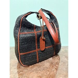 Etienne Aigner Woven Raffia Shoulder Bag Brown Leather Trim Boho Chic